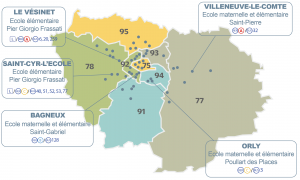 Carte des écoles maternelles et élémentaires d'Apprentis d'Auteuil en Île-de-France