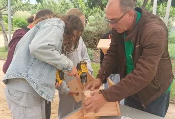 un professeur et un élève en ébénisterie réalisent un nichoir à mésanges