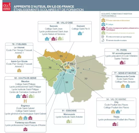 Carte Ile-de-France établissements scolaires et professionnels